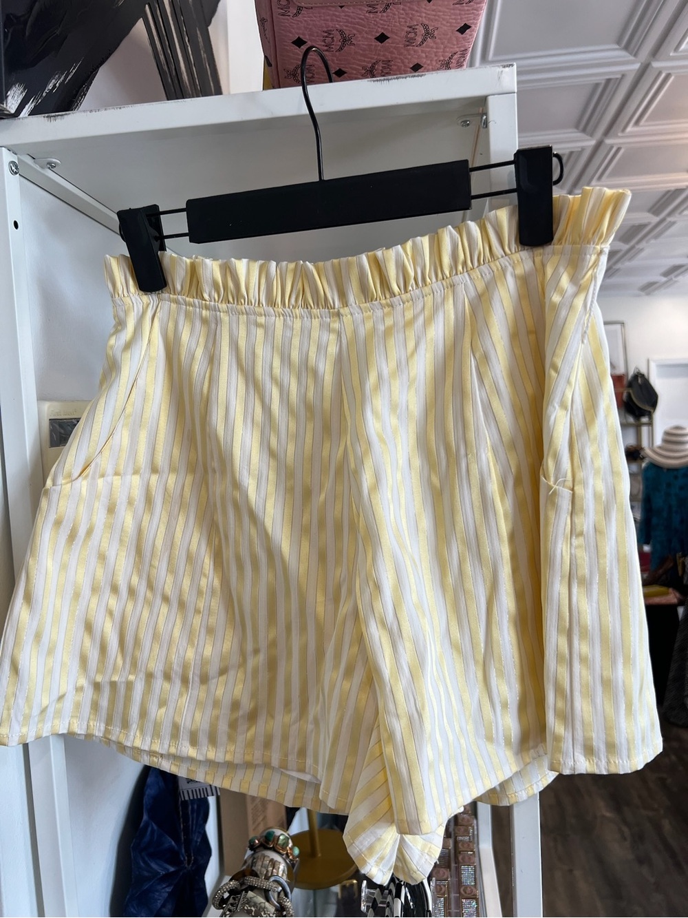 Lovers + Friends Yellow and White Striped High-Waist scallop top Shorts